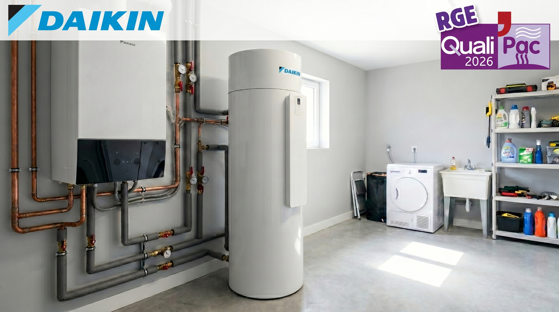 Pompe à chaleur Daikin et chauffe-eau thermodynamique Daikin installés dans une chaufferie