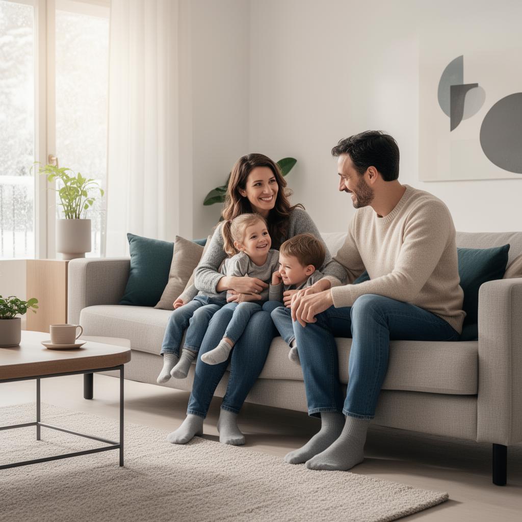 Famille au chaud dans son salon grâce à une pompe à chaleur